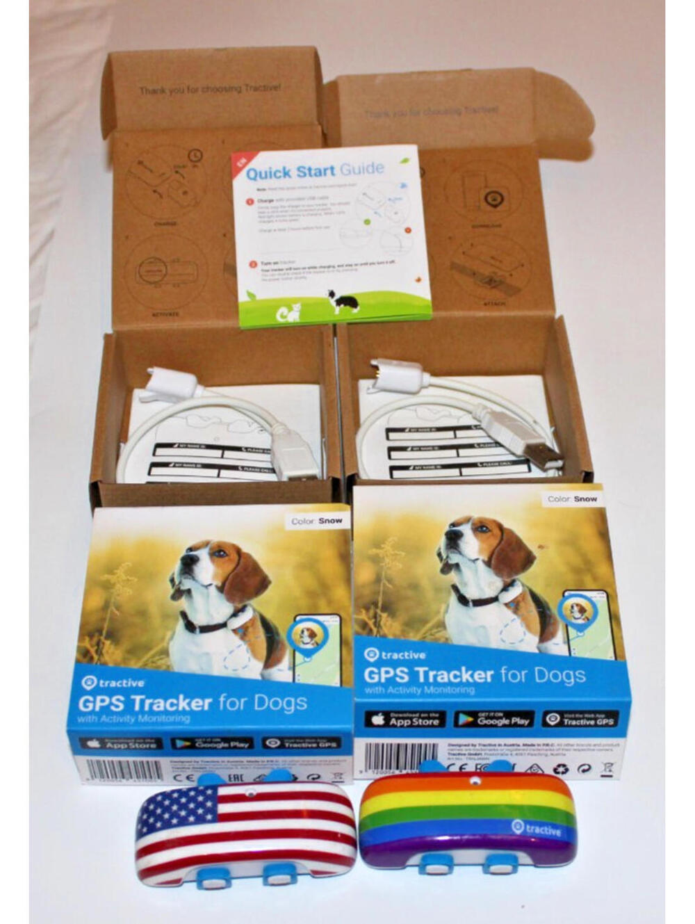 2 Lot Tractive GPS Location Trackers for Dogs Snow Color plus 2 Covers Rainbow +
